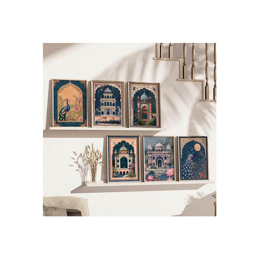 kotart Polystyrene-Traditional Indian Art Pichwai Wall Décor Paintings Madhubani Art Painting With Frame For Living Room|Traditional Wall Poster With Frames Set Of 6(13X17 Inch, F)