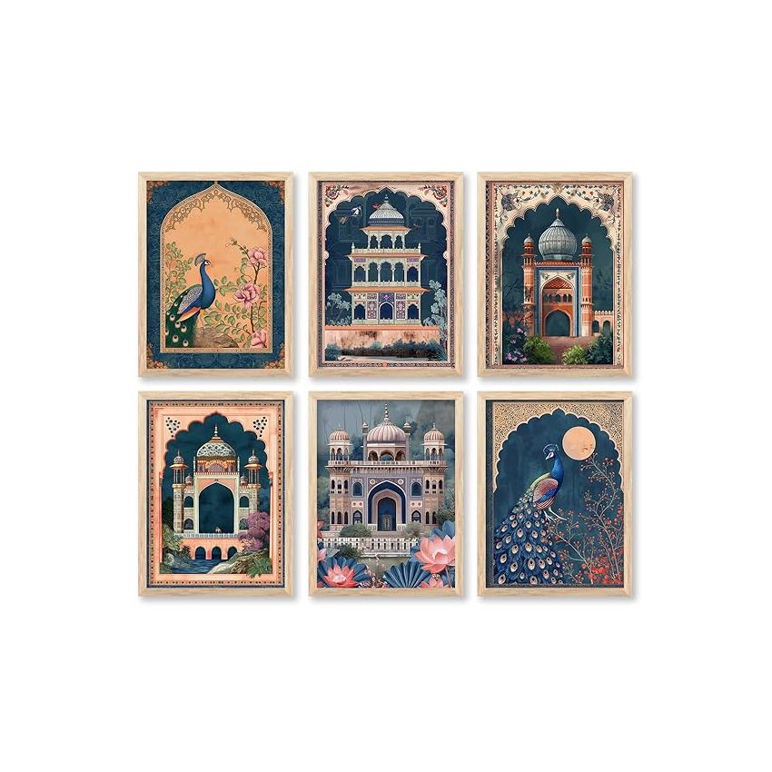 kotart Polystyrene-Traditional Indian Art Pichwai Wall Décor Paintings Madhubani Art Painting With Frame For Living Room|Traditional Wall Poster With Frames Set Of 6(13X17 Inch, F)