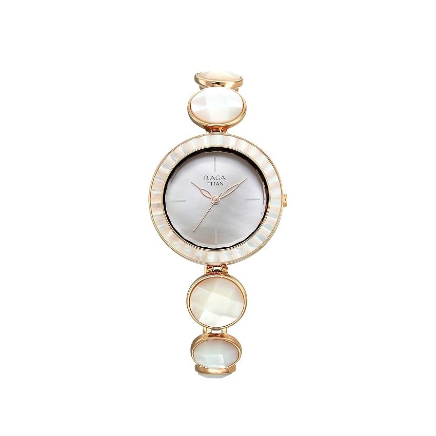 Titan Raga Power Pearls Quartz Analog Mother of Pearl Dial Faceted MOP Strap Watch for Women-95250WM01F/NT95250WM01F