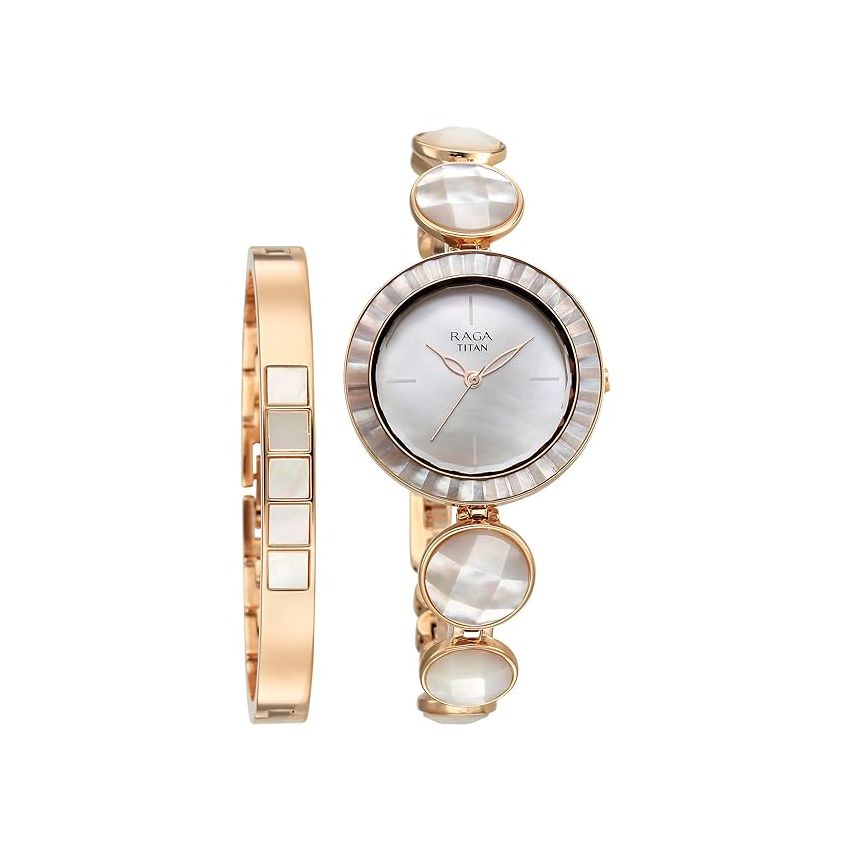 Titan Raga Power Pearls Quartz Analog Mother of Pearl Dial Faceted MOP Strap Watch for Women-95250WM01F/NT95250WM01F