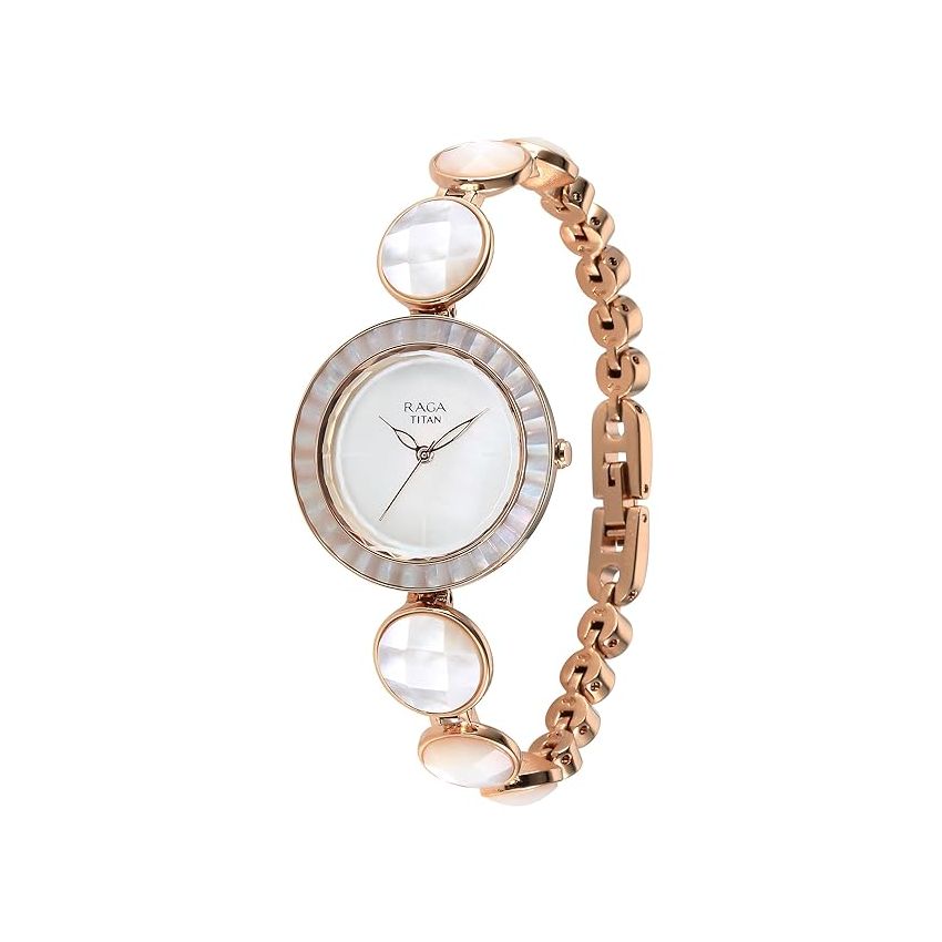 Titan Raga Power Pearls Quartz Analog Mother of Pearl Dial Faceted MOP Strap Watch for Women-95250WM01F/NT95250WM01F
