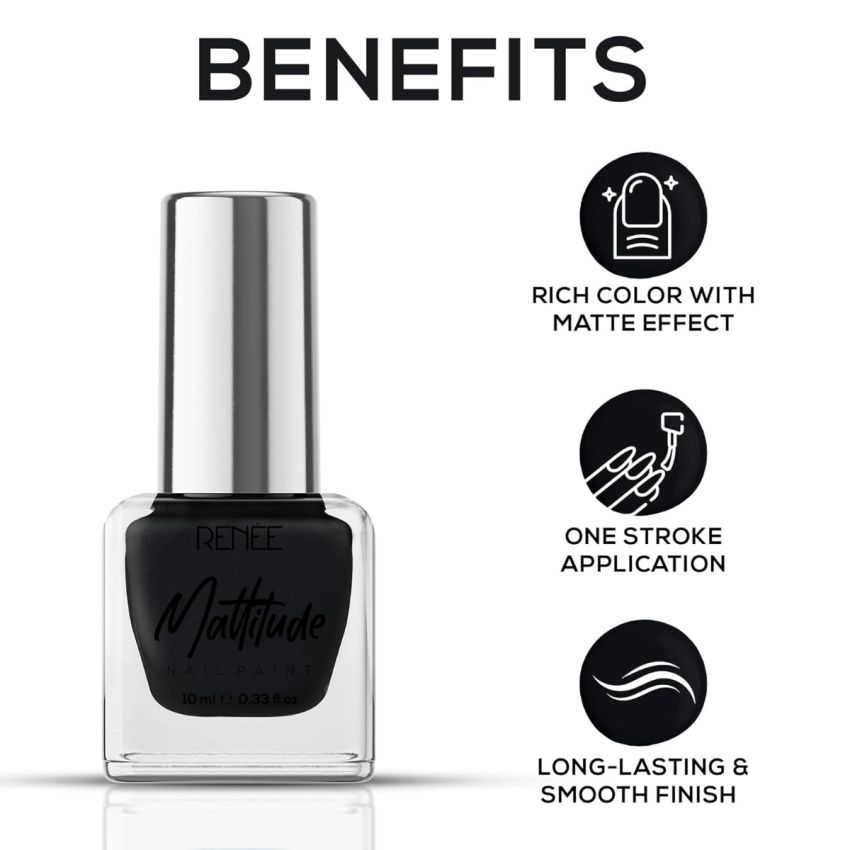 RENEE Mattitude Nail Paint- Feather Black 10ml | Quick Drying, Matte Finish, Long Lasting, Chip resisting Formula with High coverage | Acetone & Paraben Free 