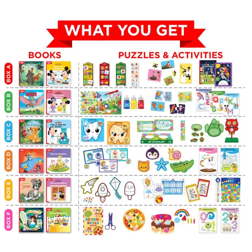 Einstein Box Featuring Disney Complete Gift Set of Learning for 3 Year Old Boys & Girls | Pack of 6 Learning Kits | Featuring Disney Characters Like Micky & Minnie Mouse, Winnie, Simba etc |
