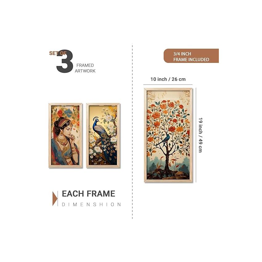 kotart - Madhubani Wall Art For Wall Decor | Home Decor Wall Art Paintings | Decorative Wall Paintings | Traditional Painting for Wall Decoration Set of 3 (10x19 inch, F)