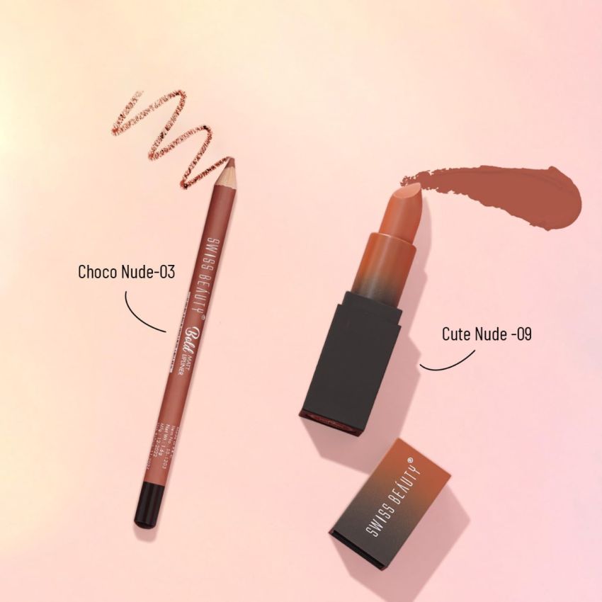 Swiss Beauty Line & Fine Lip Duo with Lip Liner & HD Matte Lipstick |Matte Finish |Long-Lasting | Non-Drying | 3.2gm