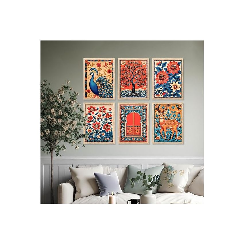 Kotart - Floral Wall Art Painting for wall Decoration | Traditional Indian Art Wall Décor Paintings | Traditional Indian Art Wall Décor Paintings | Paintings For Office Living Room set of 6 (10x13 inch, C)