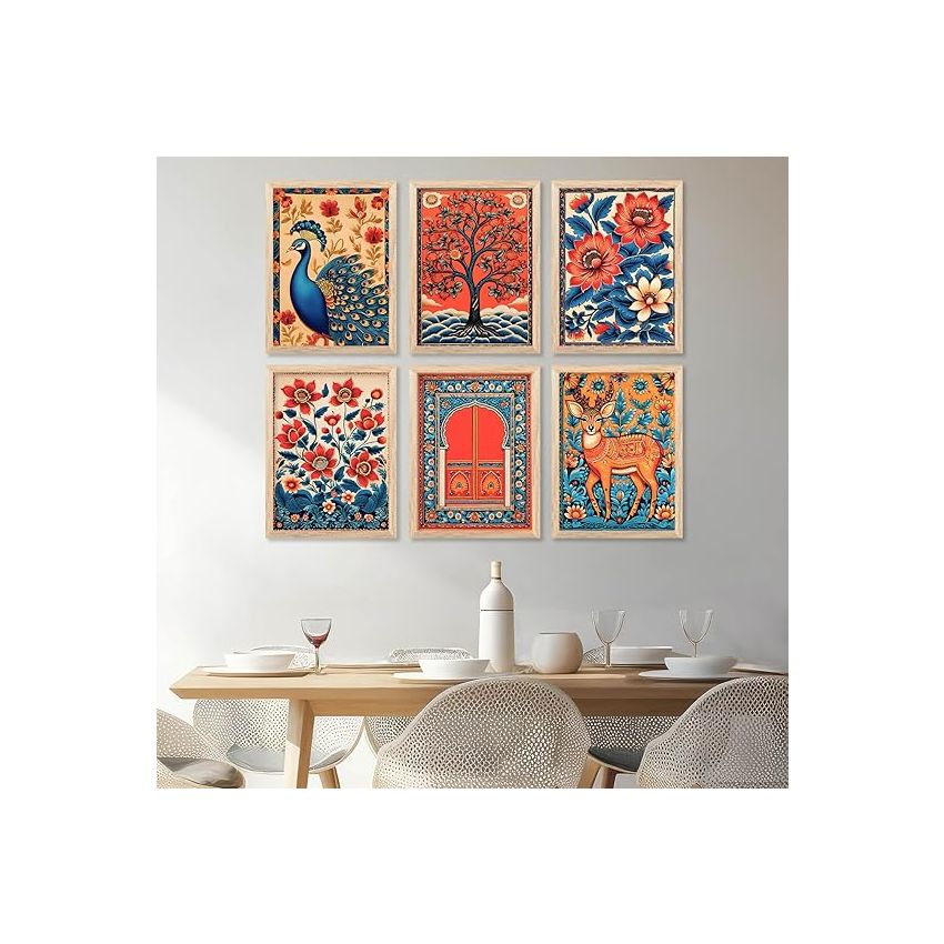 Kotart - Floral Wall Art Painting for wall Decoration | Traditional Indian Art Wall Décor Paintings | Traditional Indian Art Wall Décor Paintings | Paintings For Office Living Room set of 6 (10x13 inch, C)