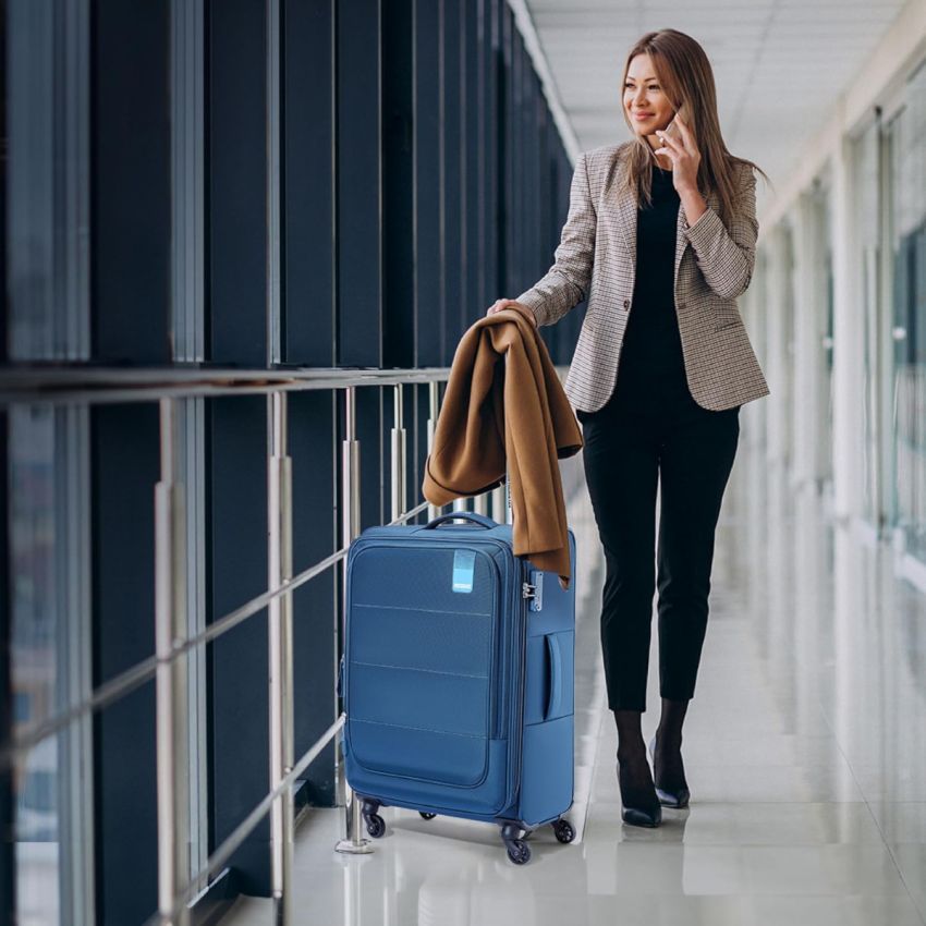 American Tourister Flamen Spinner Soft Luggage 55 Cm Polyester Soft Shell 4 Wheels Wheels Suitcase (Blue)