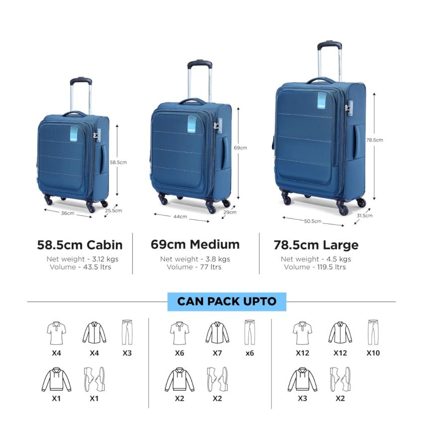 American Tourister Flamen Spinner Soft Luggage 55 Cm Polyester Soft Shell 4 Wheels Wheels Suitcase (Blue)