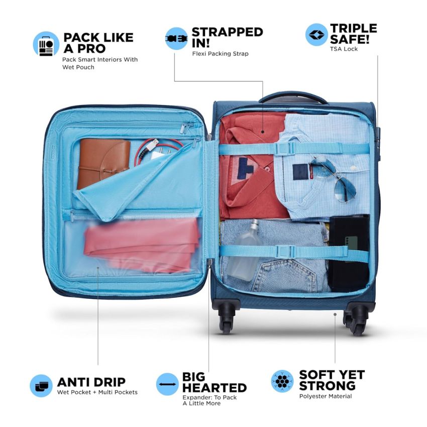 American Tourister Flamen Spinner Soft Luggage 55 Cm Polyester Soft Shell 4 Wheels Wheels Suitcase (Blue)