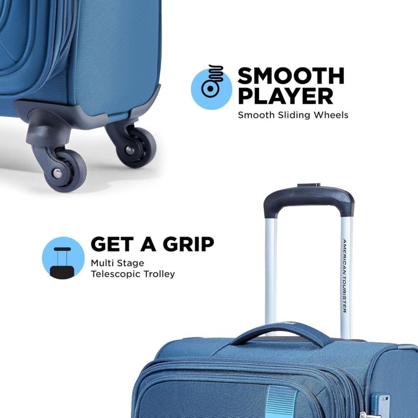 American Tourister Flamen Spinner Soft Luggage 55 Cm Polyester Soft Shell 4 Wheels Wheels Suitcase (Blue)