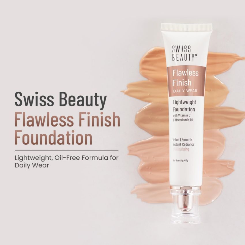 Swiss Beauty Flawless Finish Foundation | Medium Coverage | Lightweight |Oil-Free Formula |Radiant Finish | Shade - Natural Nude, 50gm