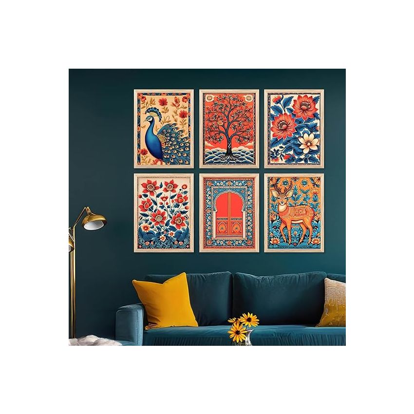 Kotart - Floral Wall Art Painting for wall Decoration | Traditional Indian Art Wall Décor Paintings | Traditional Indian Art Wall Décor Paintings | Paintings For Office Living Room set of 6 (13x17 inch, C)