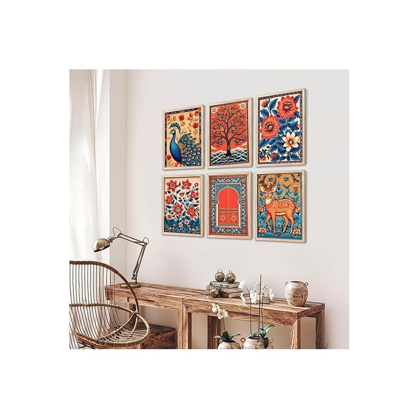Kotart - Floral Wall Art Painting for wall Decoration | Traditional Indian Art Wall Décor Paintings | Traditional Indian Art Wall Décor Paintings | Paintings For Office Living Room set of 6 (13x17 inch, C)