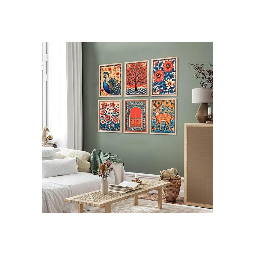 Kotart - Floral Wall Art Painting for wall Decoration | Traditional Indian Art Wall Décor Paintings | Traditional Indian Art Wall Décor Paintings | Paintings For Office Living Room set of 6 (13x17 inch, C)
