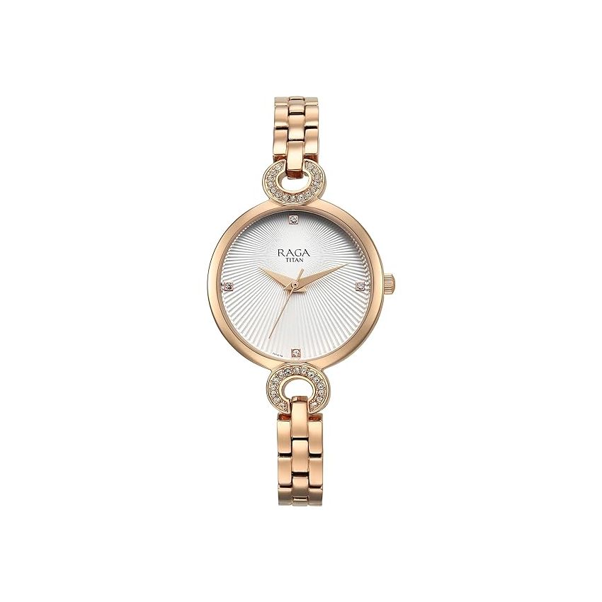 Titan Raga Showstopper Quartz Analog White Dial Metal Strap Watch for Women-95278WM01/NT95278WM01