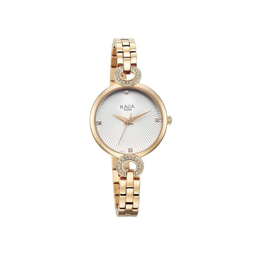 Titan Raga Showstopper Quartz Analog White Dial Metal Strap Watch for Women-95278WM01/NT95278WM01