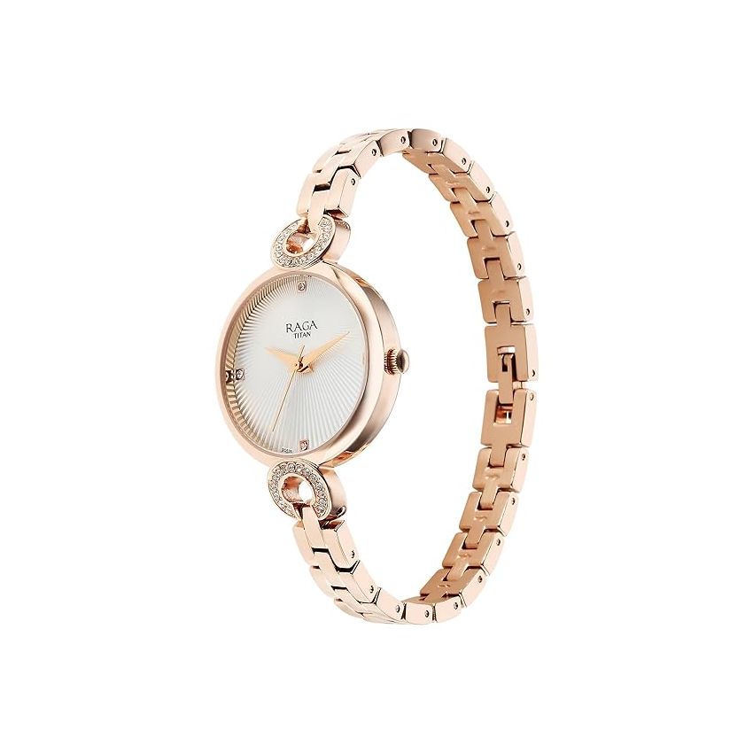 Titan Raga Showstopper Quartz Analog White Dial Metal Strap Watch for Women-95278WM01/NT95278WM01