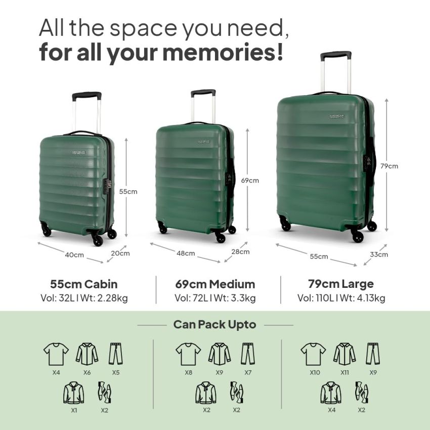 American Tourister Barcelona 69 cms Medium Hardside Check-in Suitcase with a Multi-Stage Telescopic Trolly & Pack Smart Interiors - Forest Green