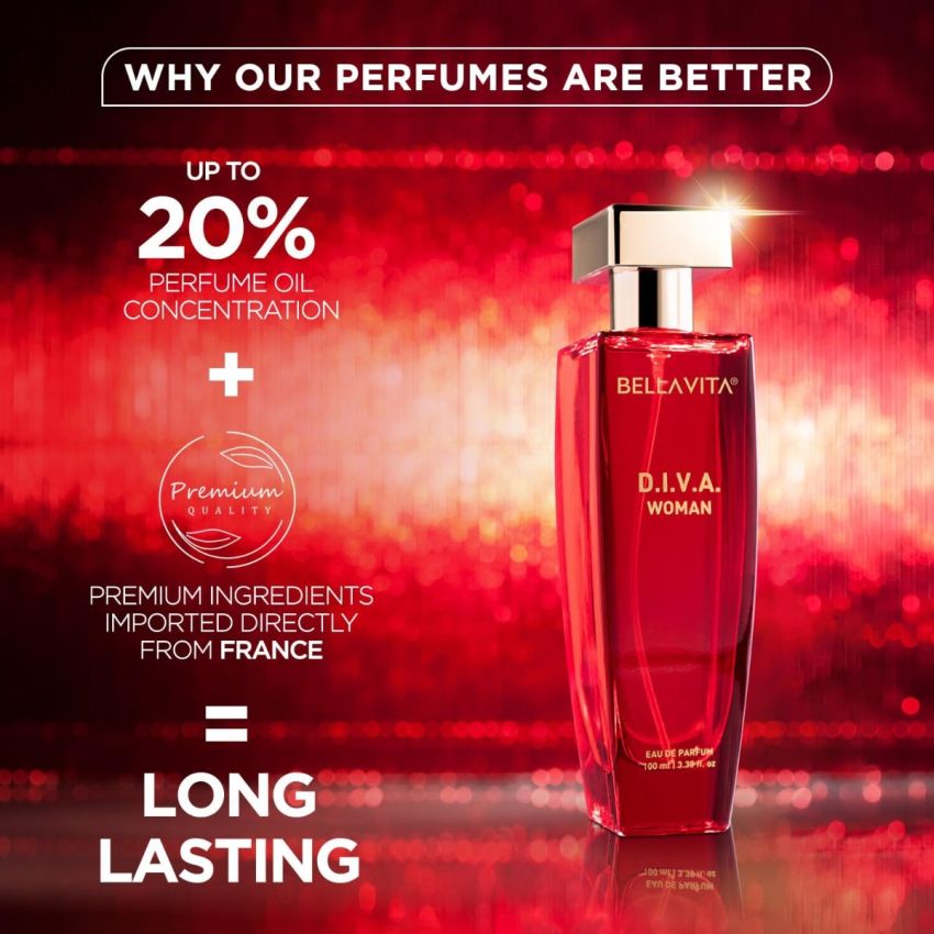 Bella Vita Luxury Women Diva Eau De Parfum Liquid Perfume With Bergamot, Black Currant, Lily, Musk, Floral, Fruity Long Lasting Edp Fragrance Scent 100 Ml