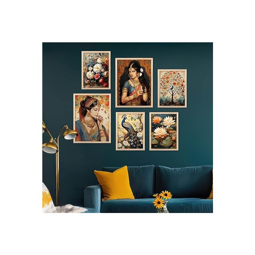 kotart - Madhubani Wall Art For Home Decor, Living Room, Bedroom | Traditional Poster With Frames Wall Hanging Frames (E) Pake Of 6
