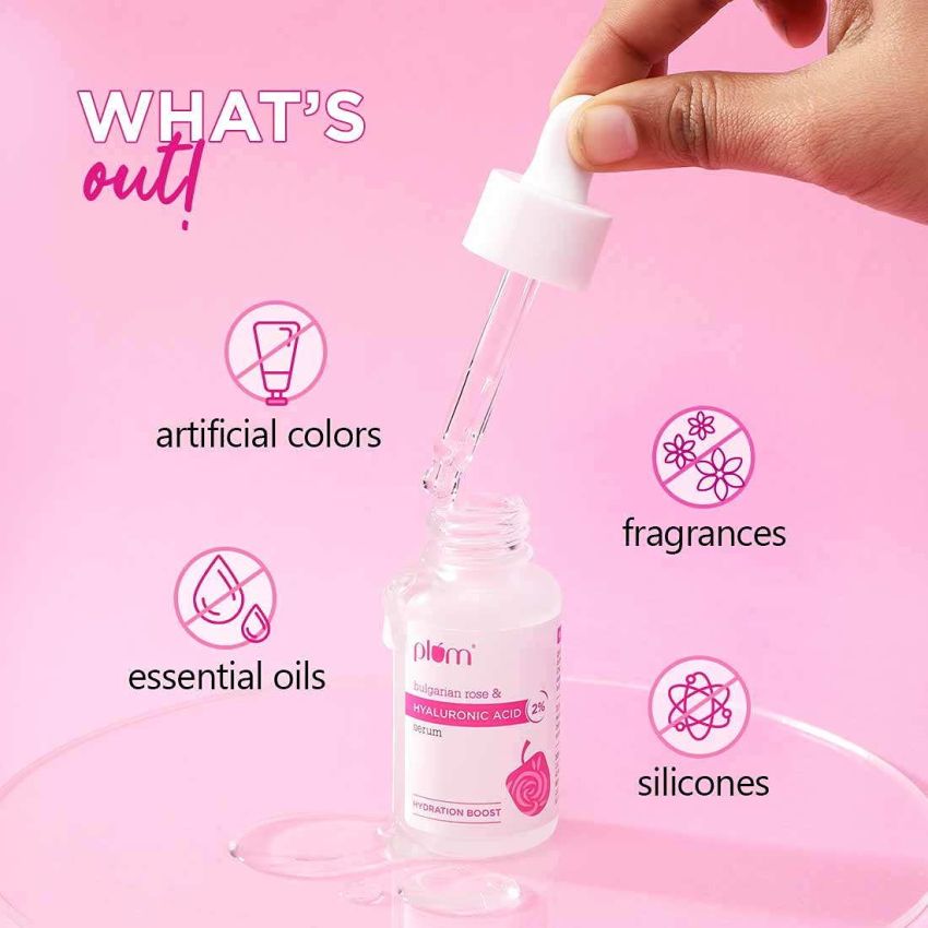 Plum 2% Hyaluronic Acid Serum with Bulgarian Rose (15 ml) | Instant Hydration for Plump & Bouncy Skin | Daily Use Face Serum| For All Skin Types | Fragrance-Free