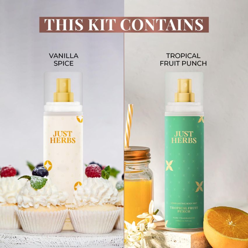 Just Herbs Body Mist Spray for Men and Women With Long Lasting Fragrance Perfume Combo Gift Set - Juicy Treat (2 x140ml)