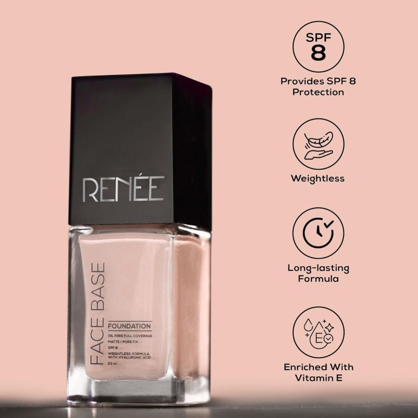 RENEE Face Base Liquid Foundation - Frappe, 23ml | Enriched with Hyaluronic Acid & Vitamin E, Provides SPF 8 Protection, Weightless, Long-lasting Matte Finish