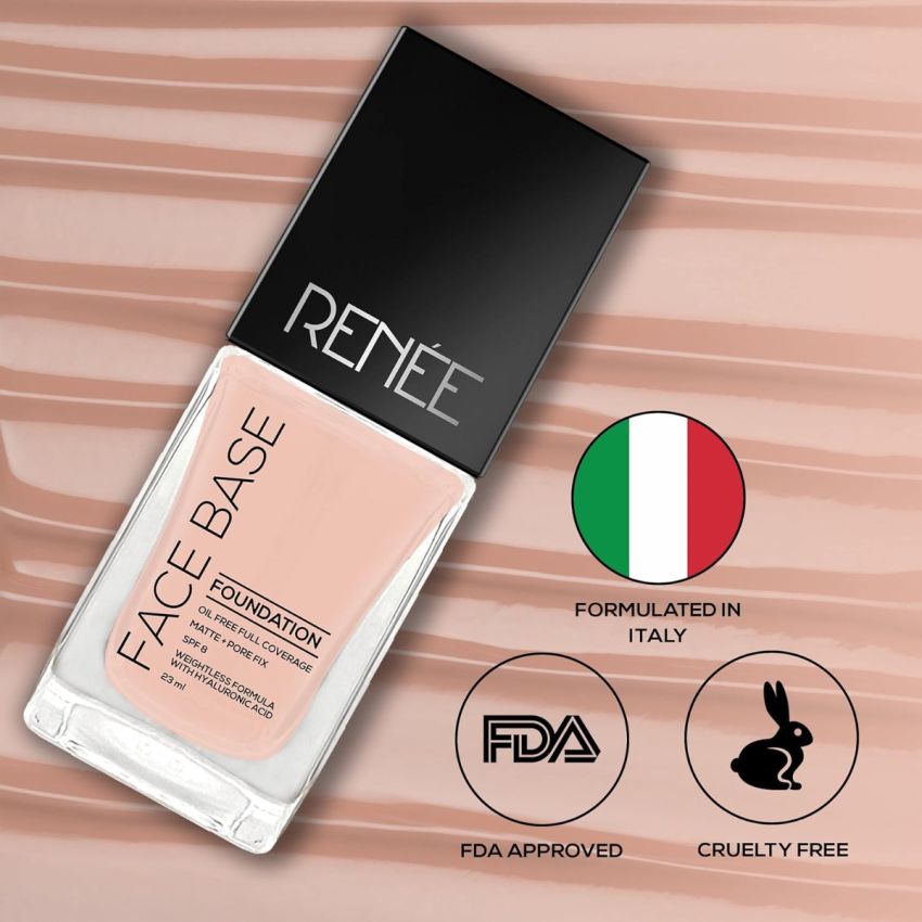 RENEE Face Base Liquid Foundation - Frappe, 23ml | Enriched with Hyaluronic Acid & Vitamin E, Provides SPF 8 Protection, Weightless, Long-lasting Matte Finish