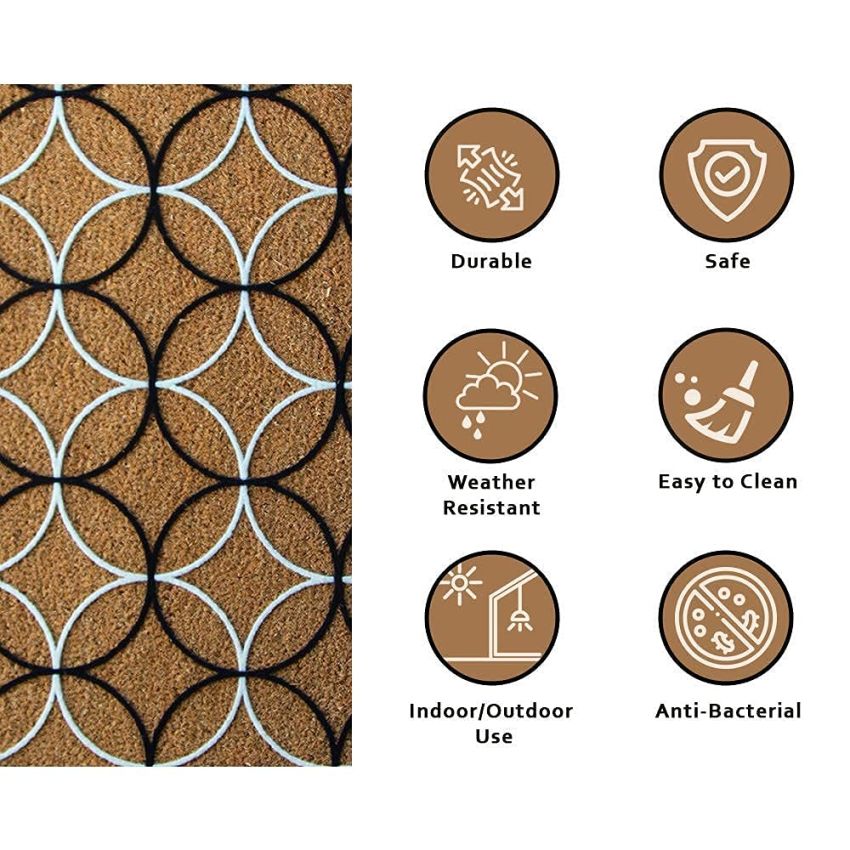 Onlymat Black & White Retro Circles Coir Flock Door mat - 60 cm x 90 cm, for Main Door/Front Door, Bedroom, Entrance, Home, Main Door, Entryway, Office, Covered Outdoor, Shop, Outside Matt Chatai