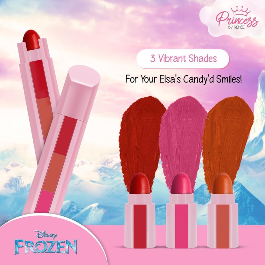 Disney Frozen Princess by Renee Candy 3-In-1 Tinted Lipstick Elsa for Pre-Teen Girls - 3 Versatile Shades in One Stick with No Parabens - Cruelty-Free, Dermatologically Tested, Peta Certified 4.5g