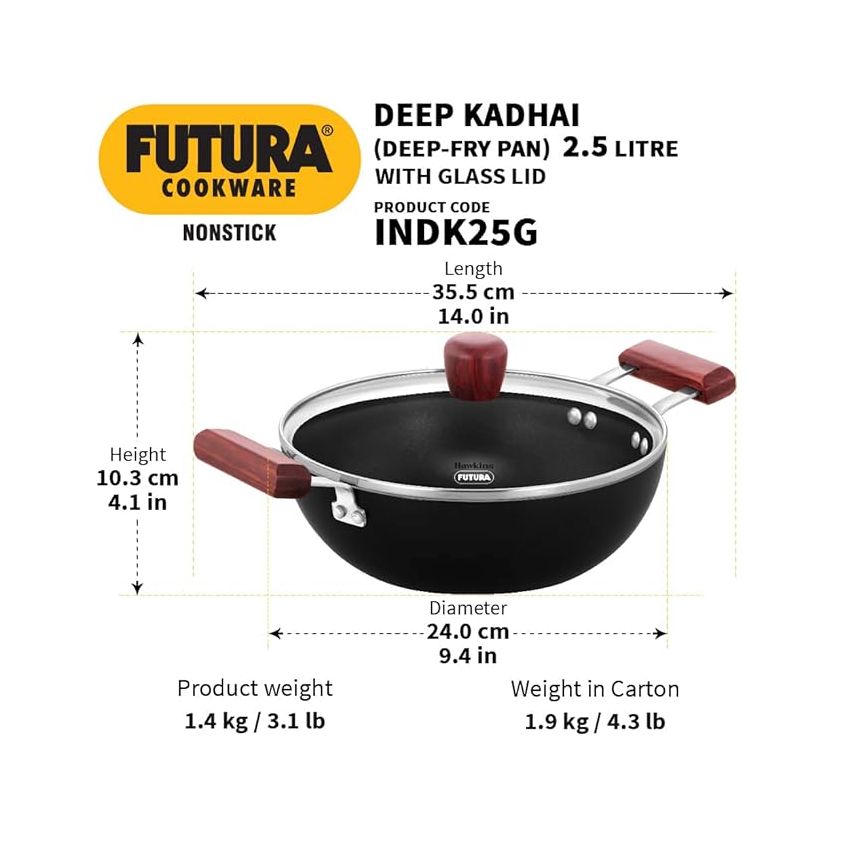 Hawkins Futura 2.5 Litre Deep Kadhai, Nonstick Kadai with Glass Lid, Flat Bottom Induction Kadhai, Deep Fry Pan, Black (INDK25G)