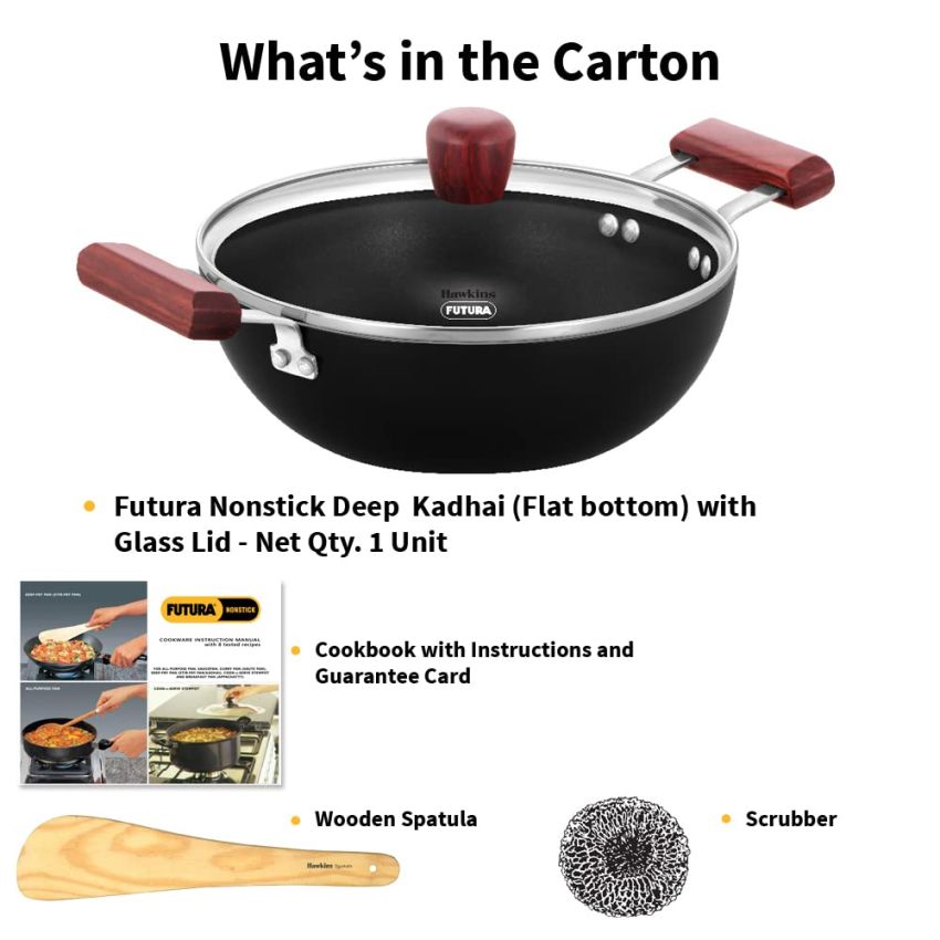 Hawkins Futura 2.5 Litre Deep Kadhai, Nonstick Kadai with Glass Lid, Flat Bottom Induction Kadhai, Deep Fry Pan, Black (INDK25G)