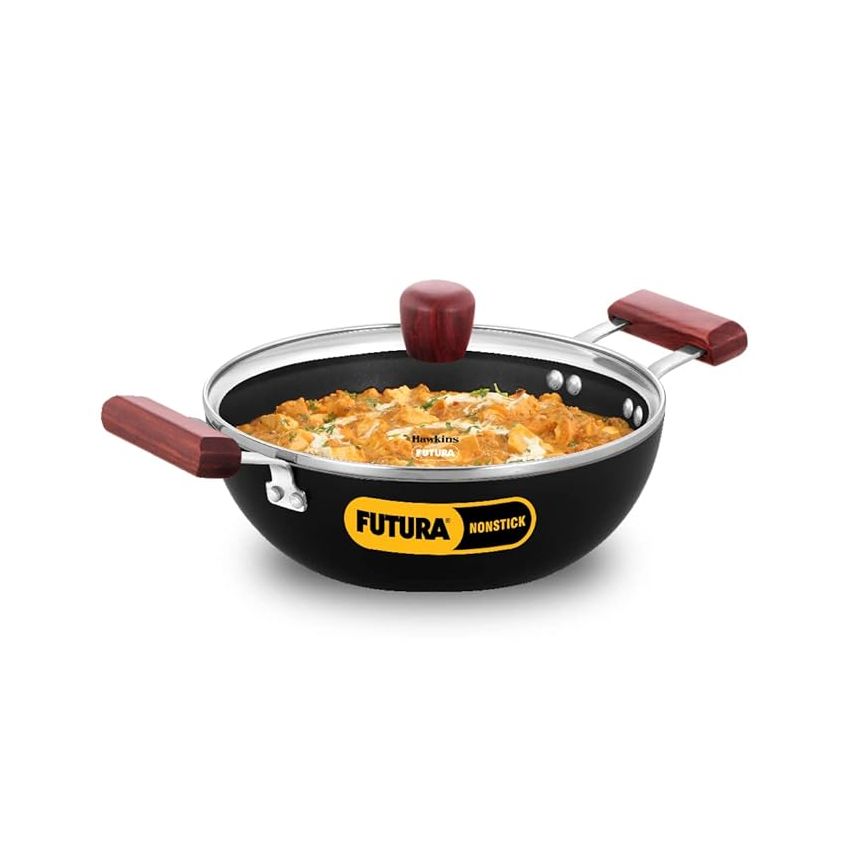 Hawkins Futura 2.5 Litre Deep Kadhai, Nonstick Kadai with Glass Lid, Flat Bottom Induction Kadhai, Deep Fry Pan, Black (INDK25G)
