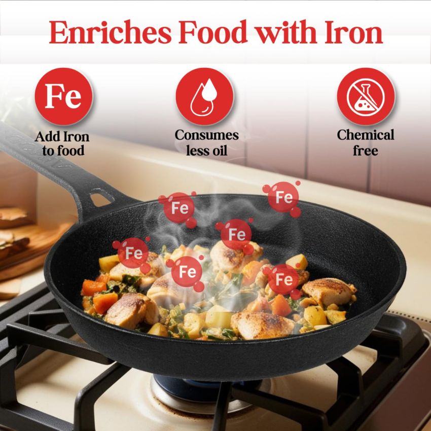 Vinod Legacy Pre Seasoned Cast Iron/Loha Frypan - 24 cm | Naturally Non Stick Skillet Pan for Frying | 100% Pure | Toxin Free, Enamel Free | Rust Proof | Gas Base