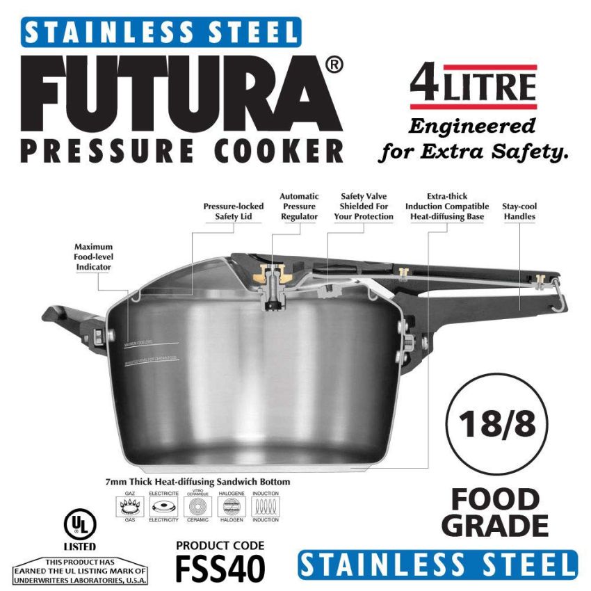 Futura Stainless Steel 4L Pressure Cooker Induction Compatible