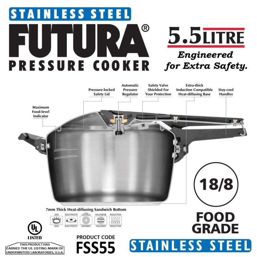 Hawkins Futura 5.5 Litre Inner Lid Pressure Cooker, Stainless Steel Cooker, Induction Cooker, Pan Cooker, Silver (Fss55), 5.5 Liter
