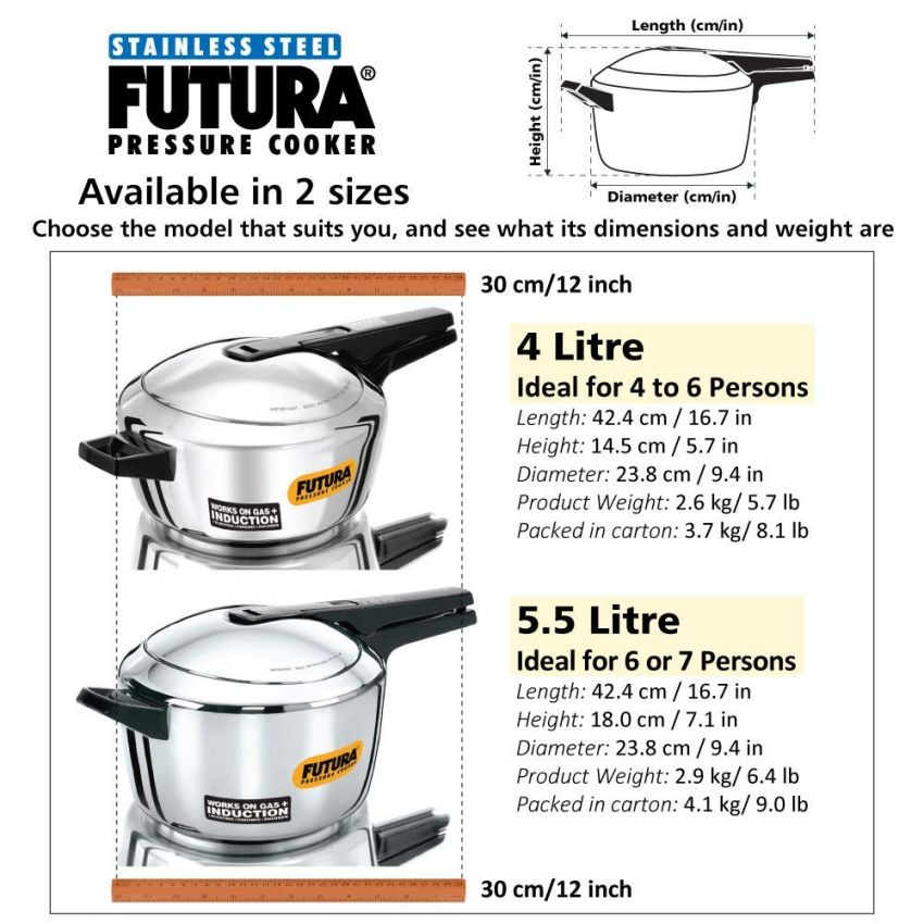 Hawkins Futura 5.5 Litre Inner Lid Pressure Cooker, Stainless Steel Cooker, Induction Cooker, Pan Cooker, Silver (Fss55), 5.5 Liter