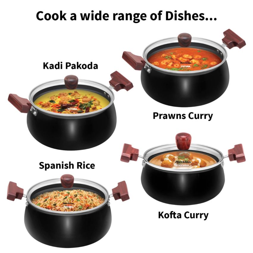 Hawkins Futura 3 Litre Cook N Serve Handi, Hard Anodised Biryani Handi With Glass Lid, Induction Saucepan, Sauce Pan, Black (Iach30G),Polished, 3 Liter