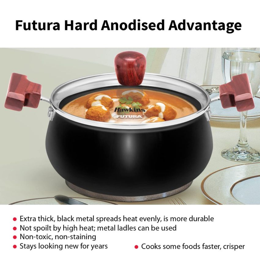 Hawkins Futura 3 Litre Cook N Serve Handi, Hard Anodised Biryani Handi With Glass Lid, Induction Saucepan, Sauce Pan, Black (Iach30G),Polished, 3 Liter