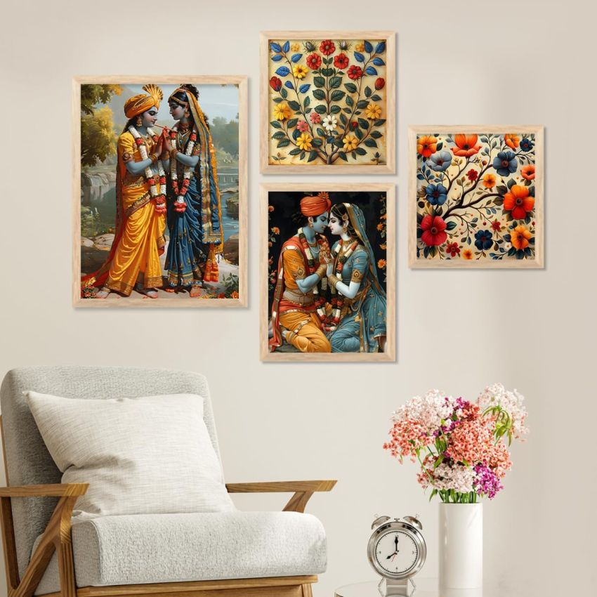 kotart Traditional Painting For Wall Decoration - Framed Madhubani Wall Art Paintings/Posters For Bedroom Living Room Hotels Wall Decor Frames Set of 4 big frames (G)