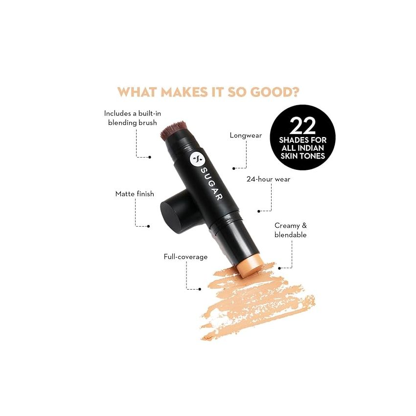 SUGAR Cosmetics Ace Of Face Foundation Stick with In-Built Brush | Lasts 24hrs | Waterproof & Full Coverage | Panstick | 12gm - 20 Galao (Light Medium, Golden Undertone)