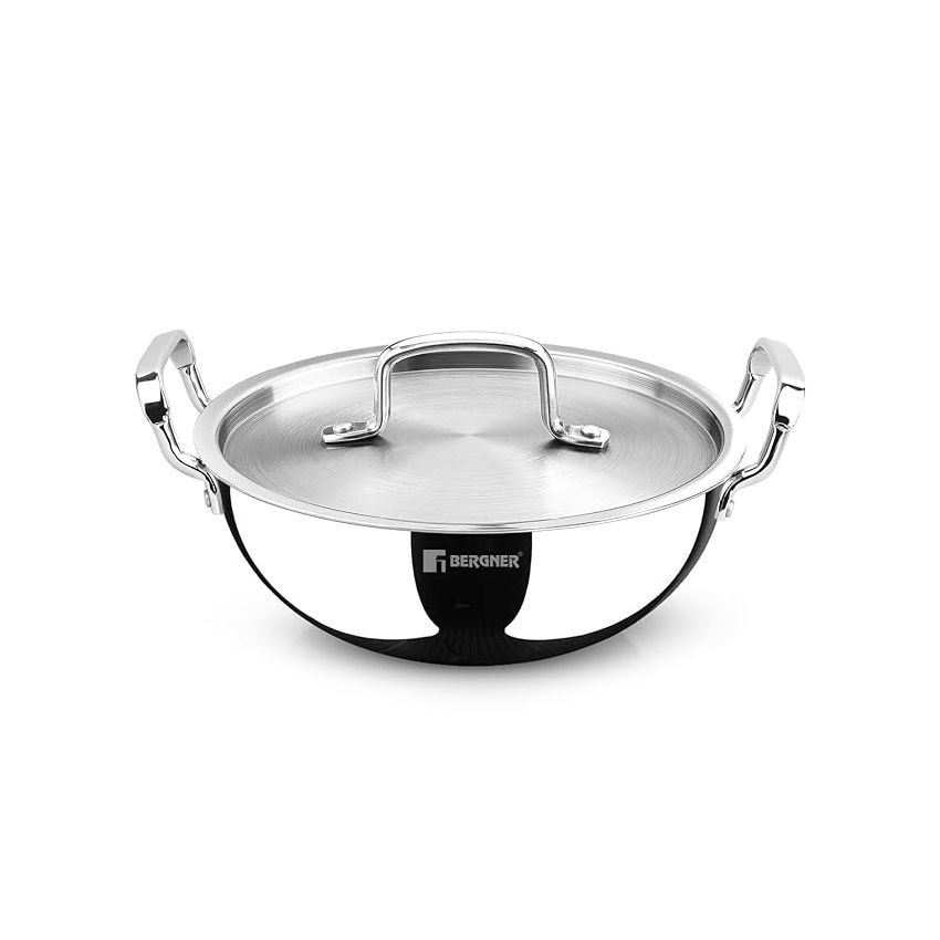 BERGNER Tripro TriPly Stainless Steel 24cm Deep Kadai with Lid, 3 L Kadhai, Durable Stay Cool Handles, Heavy Bottom, Metal Spatula Friendly - Induction Base and Gas Ready (5-Year Warranty