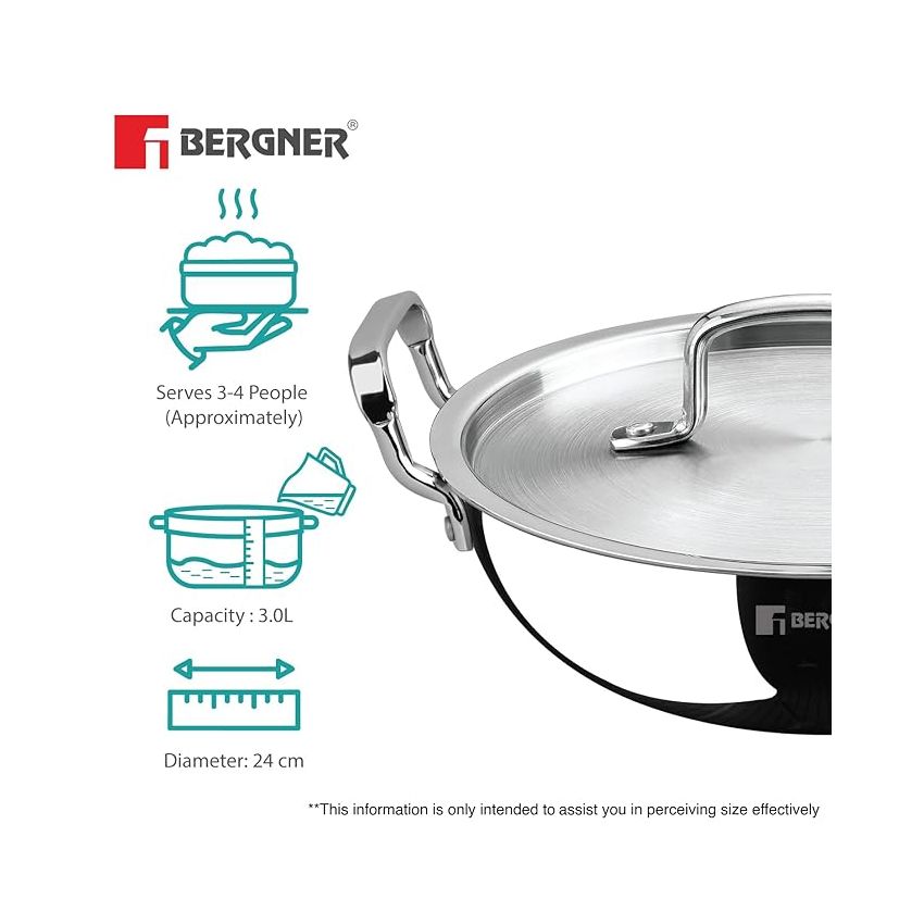 BERGNER Tripro TriPly Stainless Steel 24cm Deep Kadai with Lid, 3 L Kadhai, Durable Stay Cool Handles, Heavy Bottom, Metal Spatula Friendly - Induction Base and Gas Ready (5-Year Warranty