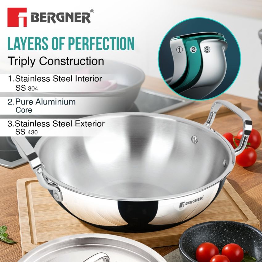 BERGNER Tripro TriPly Stainless Steel 24cm Deep Kadai with Lid, 3 L Kadhai, Durable Stay Cool Handles, Heavy Bottom, Metal Spatula Friendly - Induction Base and Gas Ready (5-Year Warranty