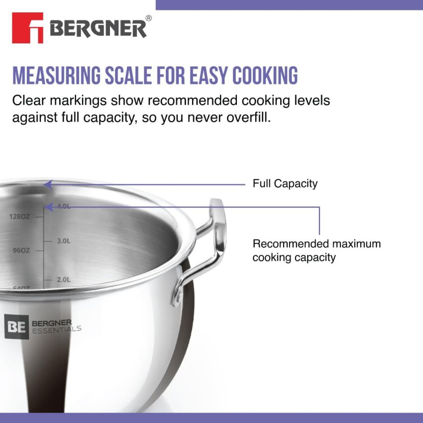 BERGNER Tripro TriPly Stainless Steel 24cm Deep Kadai with Lid, 3 L Kadhai, Durable Stay Cool Handles, Heavy Bottom, Metal Spatula Friendly - Induction Base and Gas Ready (5-Year Warranty