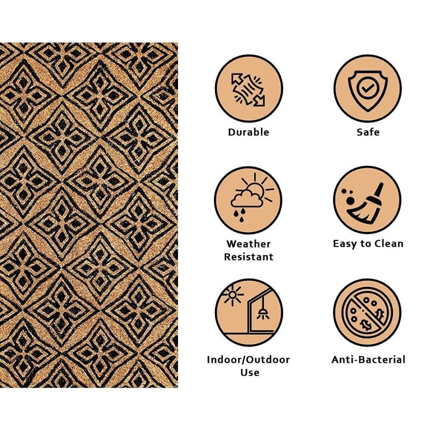 Onlymat Coir Doormat for Entrance, Non Slip Door Rectangular Rug with Heavy Duty PVC Backing, Perfect for Indoor-Outdoor Use with Geometrical Imprint, Multicolor, 29.53