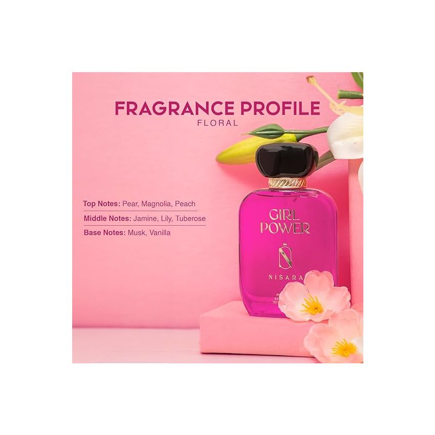 Nisara Girl Power Perfume For Women 100 ml | Girl Long Lasting Eau De Parfum | EDP Scent Spray |Floral | With Vanilla, Musk & Lily, Pear, Jasmine notes I EDP Scent for Women | Premium Perfume