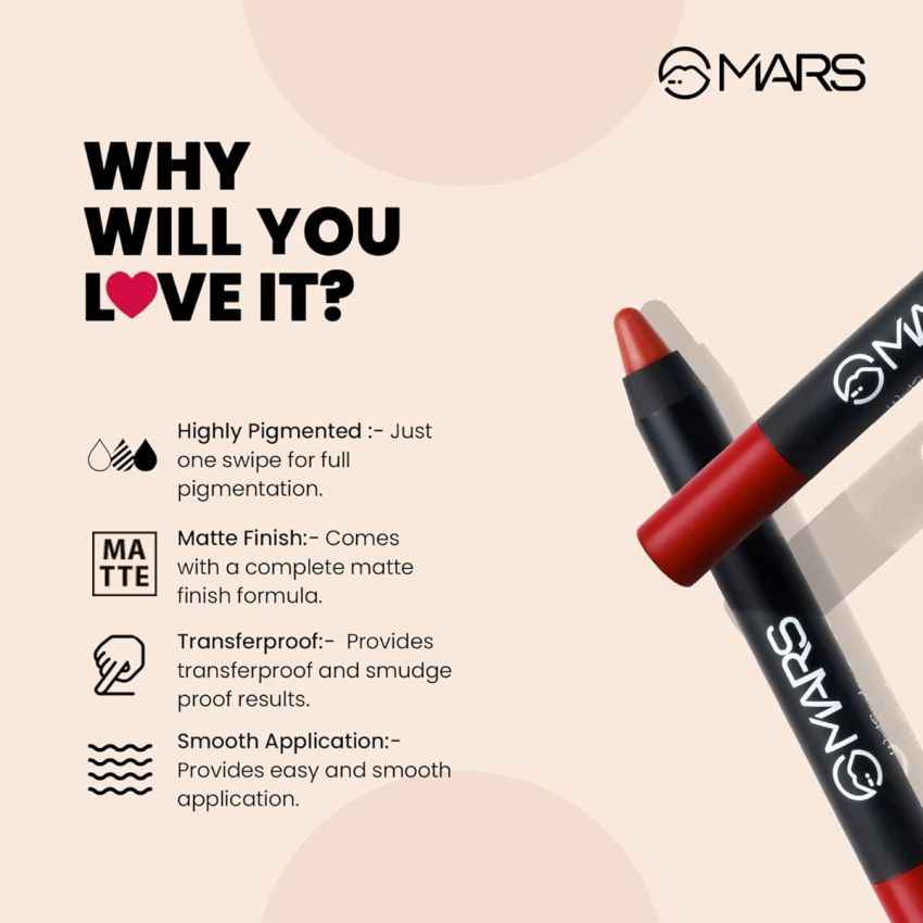 MARS Long Lasting Crayon Lipstick up to 12 Hours Stay | Matte Finish | Waterproof | Won't Smudge Won't Budge Lip Crayon (3.5 gm)