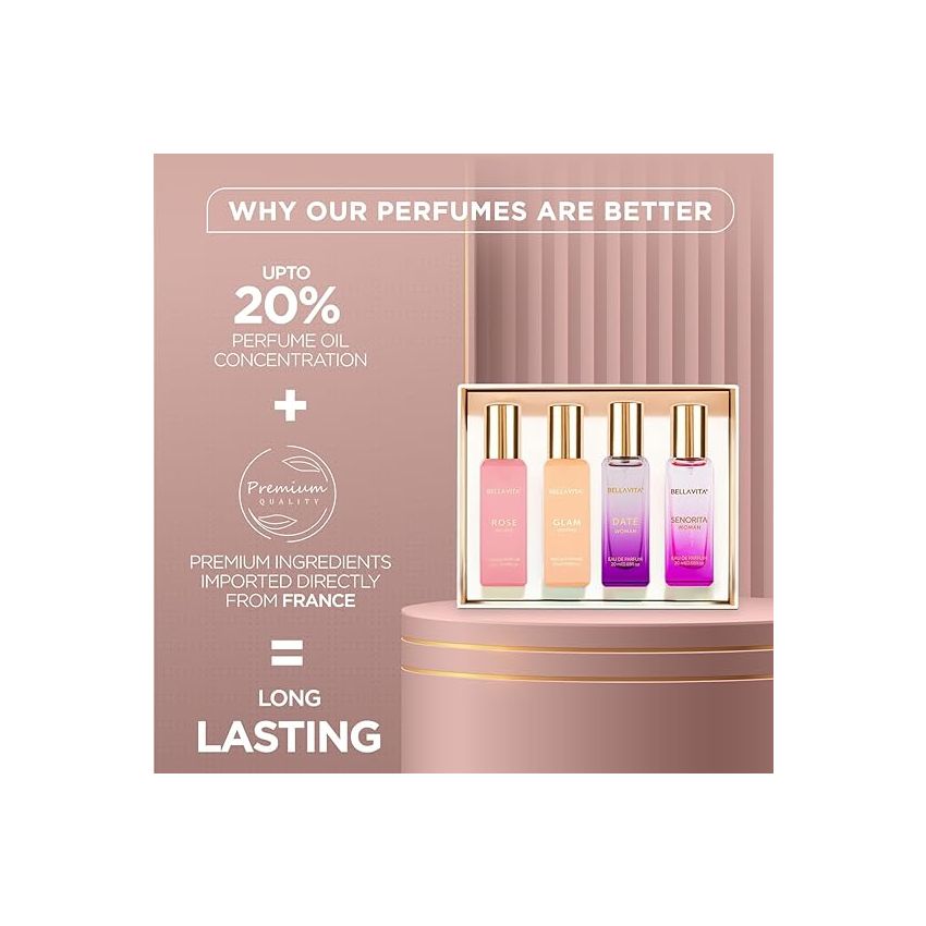 Bella Vita Luxury Woman Eau De Parfum Gift Set 4x20 ml for Women with Date, Senorita, Glam, Rose Perfume|Floral, Fruity Long Lasting EDP Fragrance Scent